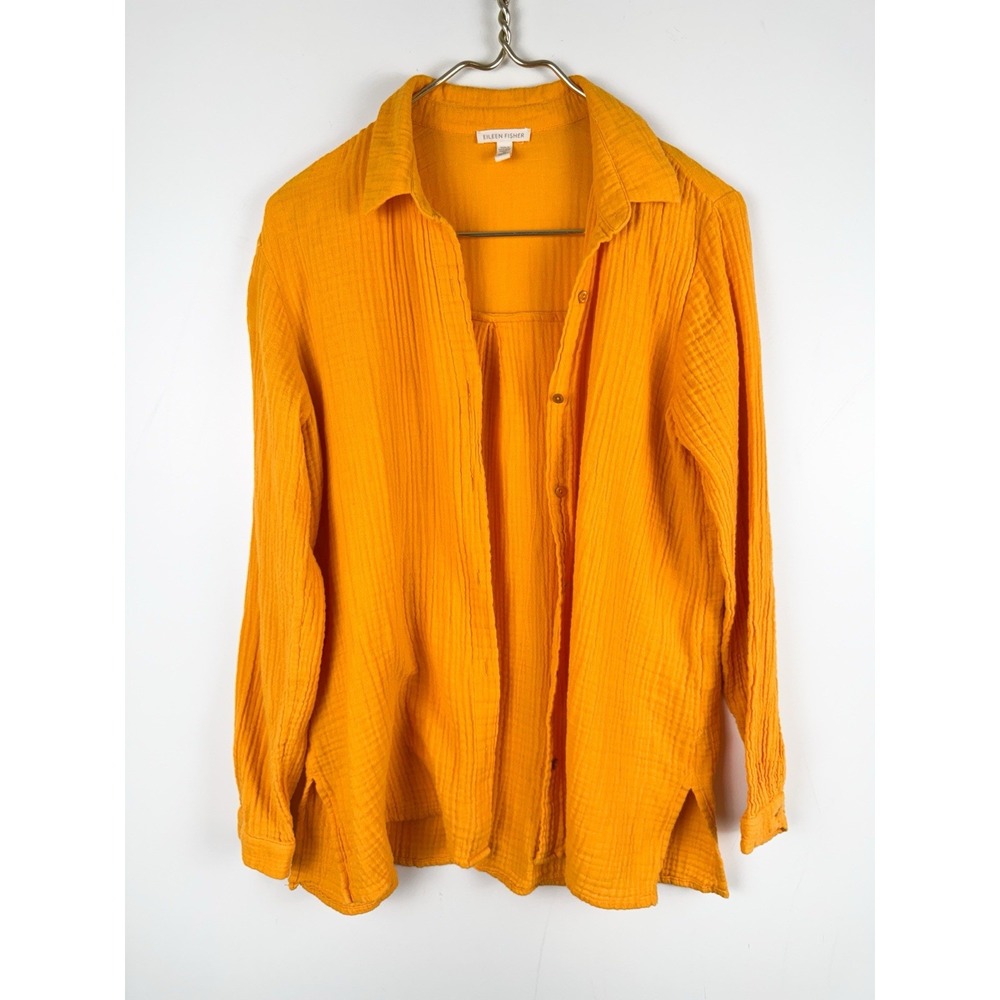 EILEEN FISHER Mango Orange Organic Cotton Classic Collared Button-Up Shirt XS